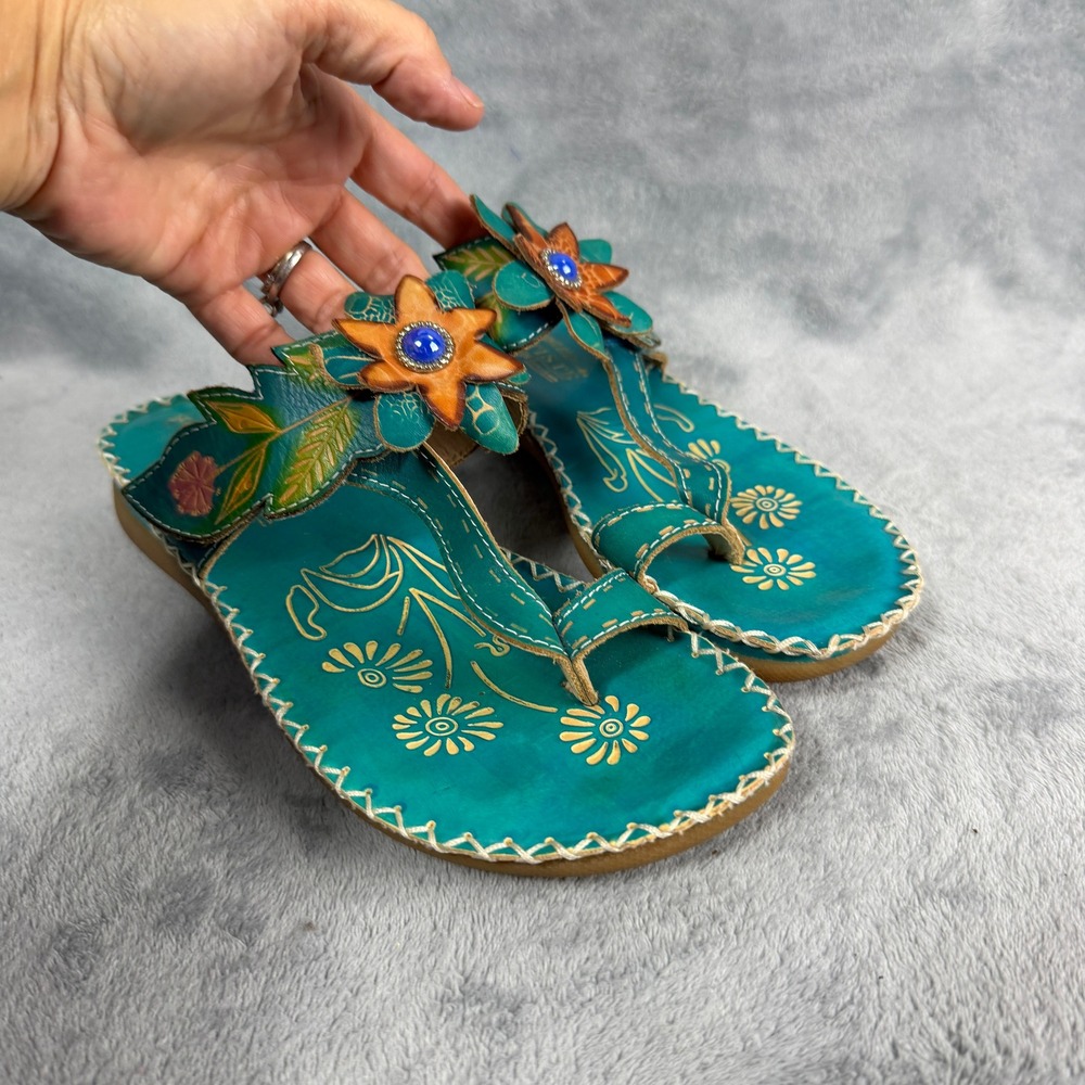 Spring Step L'Artiste Womens 40 Teal Leather Berry Sandals Floral Whimsigoth